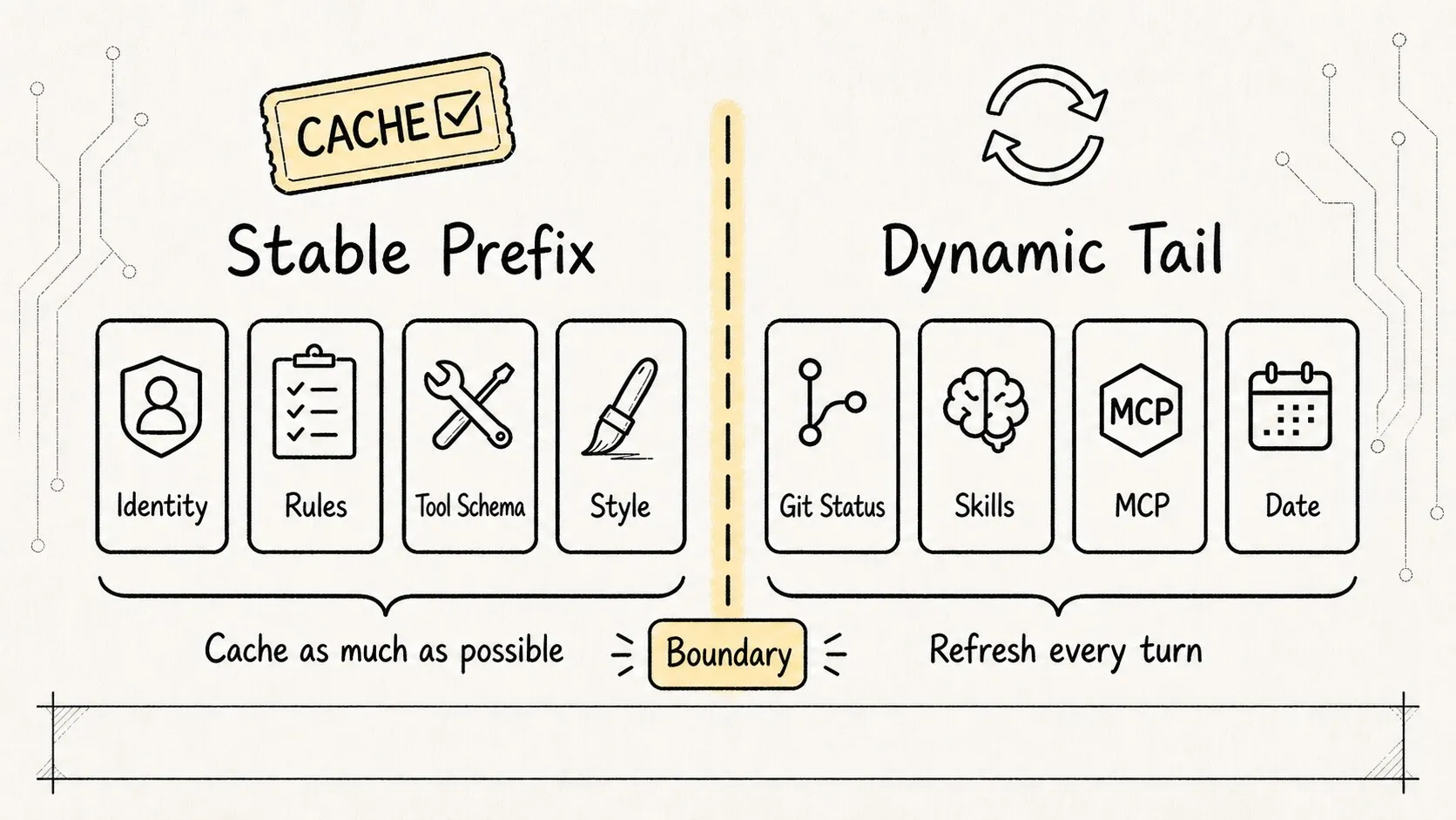03. Core Mechanism - Prompt Authoring, Sketch 4: Cache boundary between stable and dynamic segments