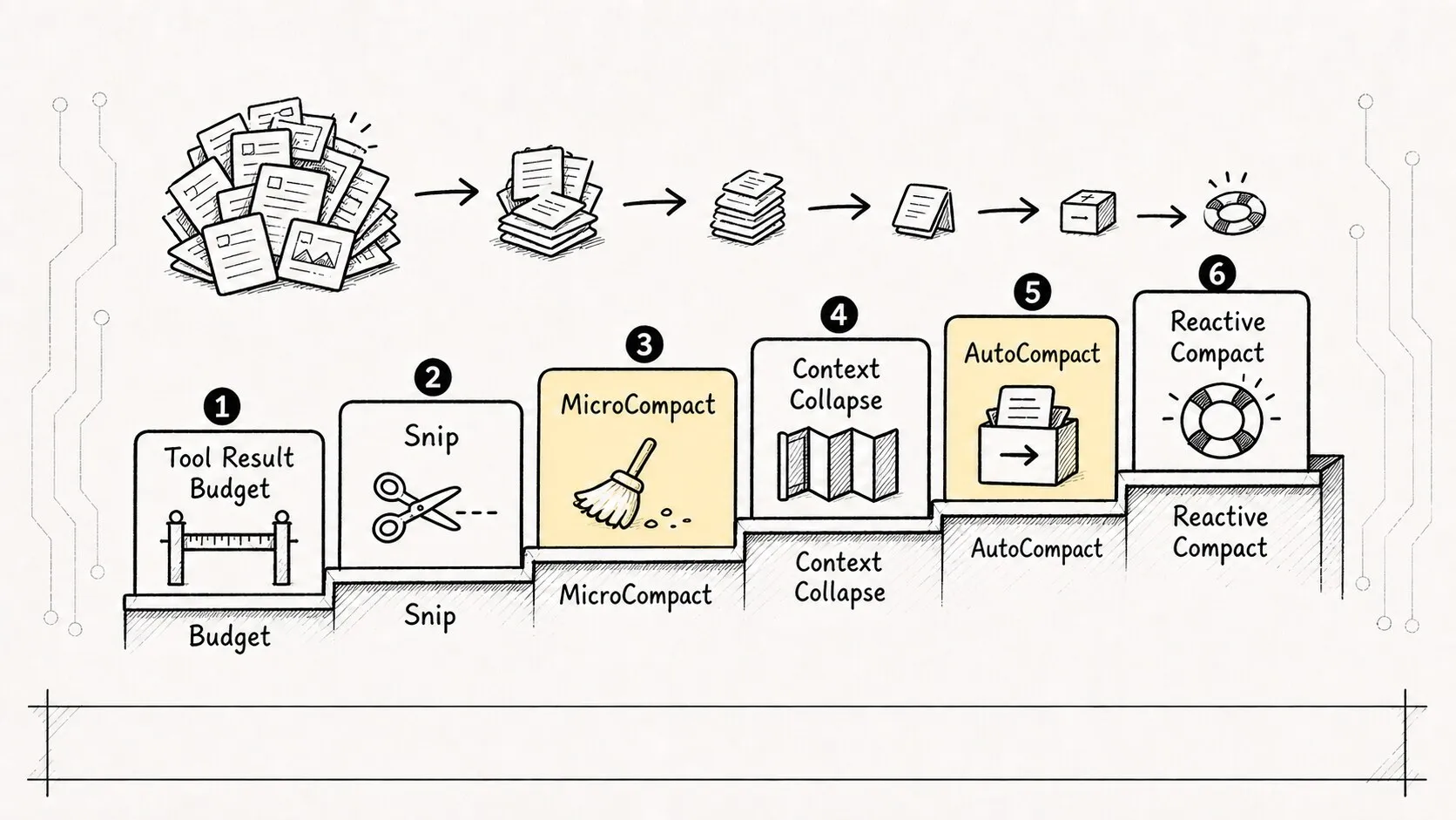 04.1 core mechanism - Context management sketch 3: escalating compression defenses from light to heavy