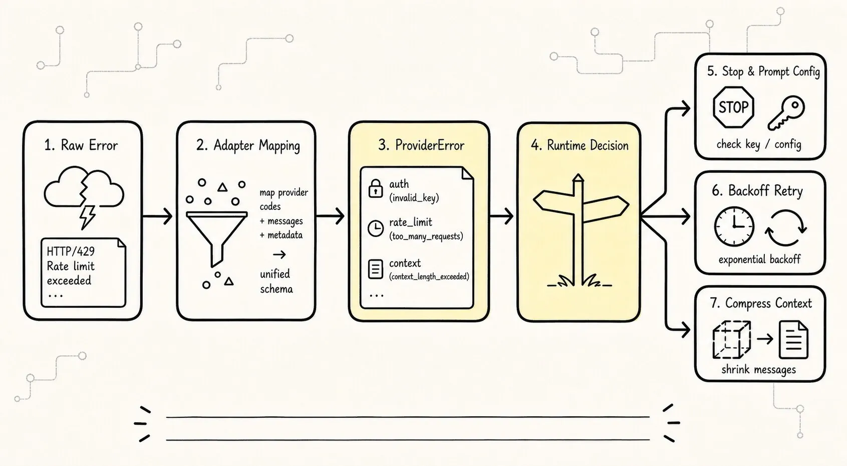 Explain how raw provider errors map into ProviderError, which then drives runtime decisions like stop, retry, compact, or prompt the user to fix config