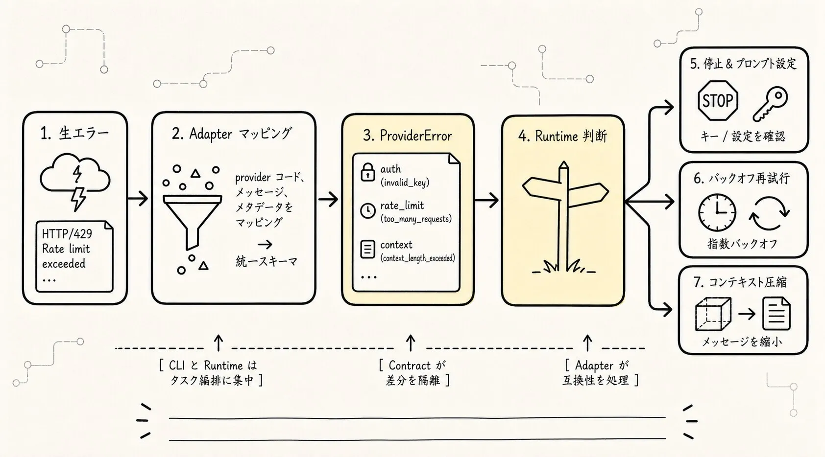 raw provider error が ProviderError に写像され、停止、リトライ、圧縮、設定案内などの runtime 判断を駆動する様子を説明する